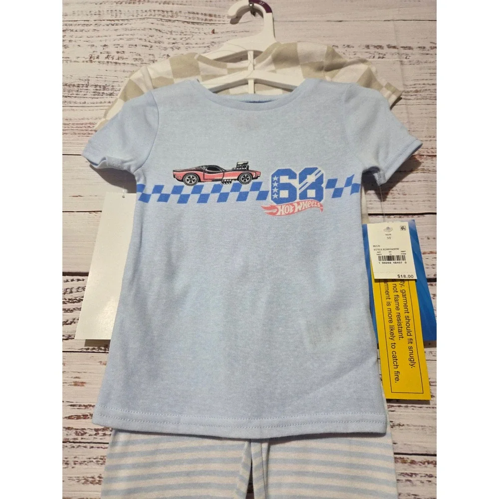 Hot Wheels Boys 4-Piece Pajama Set Blue Checkered Cotton 3T Unisex